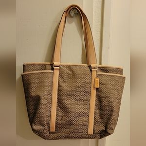 COACH Large Tote Tan Leather Signature Canvas